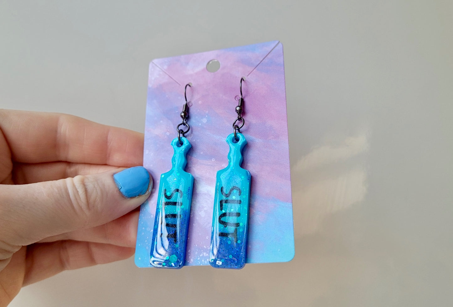 Dip-Dye Paddle Earrings – “SLUT” Statement - Blue Glitter