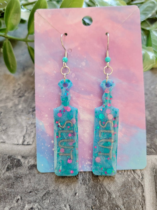 SLUT Paddle Earrings – Blue Resin Glitter Statement Jewellery by Sketchy & Spicy