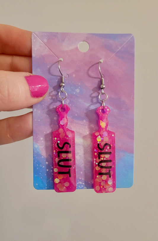 Hot Pink Glitter Paddle Earrings – ‘SLUT’ Text – Bold Resin Alt Jewellery