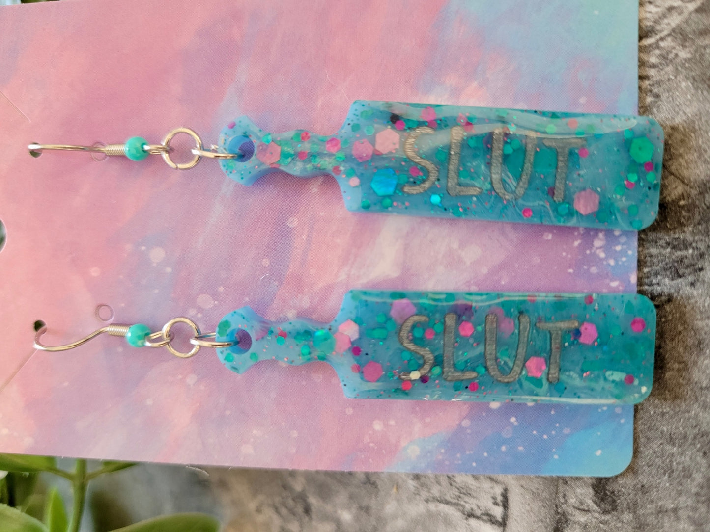 SLUT Paddle Earrings – Blue Resin Glitter Statement Jewellery by Sketchy & Spicy