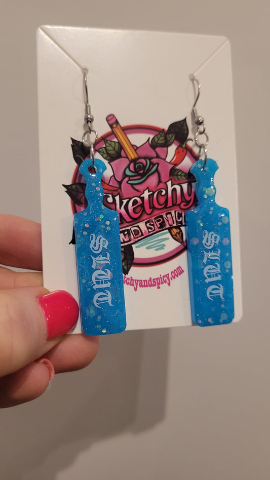 Blue Glitter Paddle Earrings – “SLUT” in Gothic Script | Handmade Resin | Sketchy & Spicy