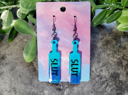 Dip-Dye Paddle Earrings – “SLUT” Statement - Blue Glitter