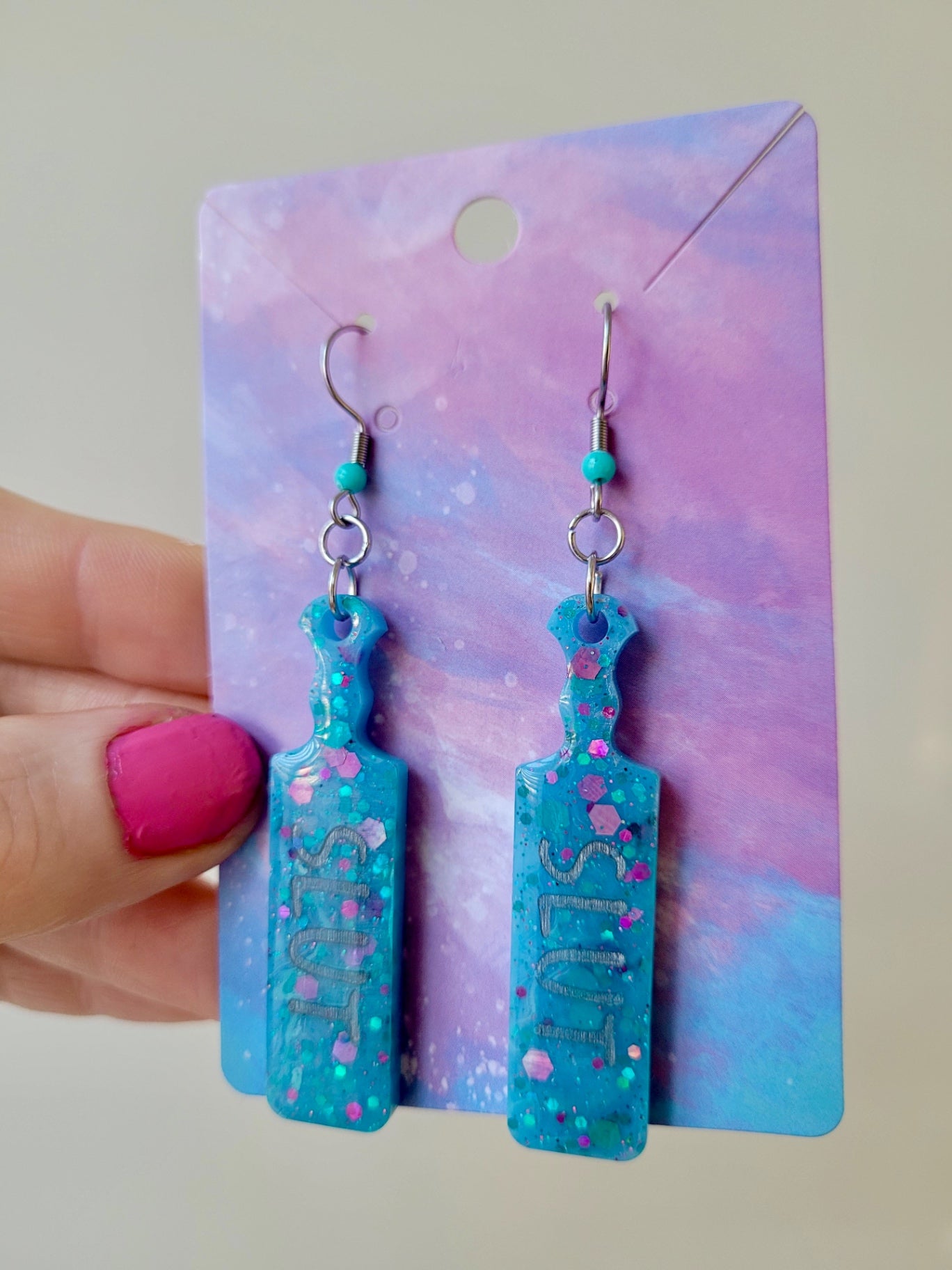 SLUT Paddle Earrings – Blue Resin Glitter Statement Jewellery by Sketchy & Spicy
