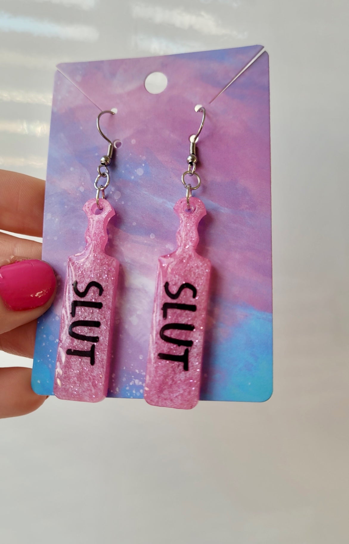 Pink Glitter Paddle Earrings – “SLUT” Indent Text – Alt NSFW Statement Jewellery