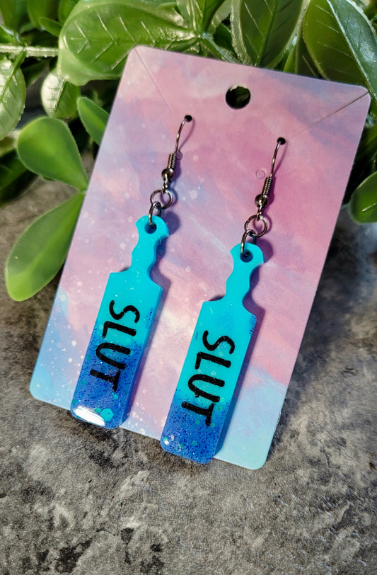 Dip-Dye Paddle Earrings – “SLUT” Statement - Blue Glitter