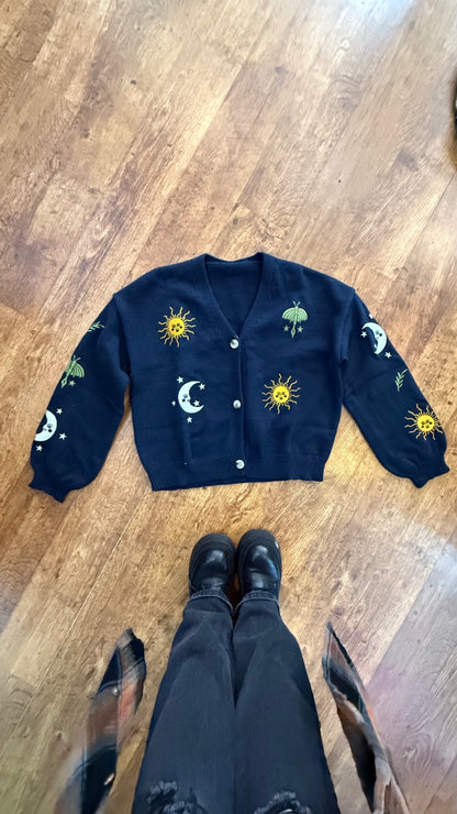 Embroidered lunar moth/celestial cardigan XL