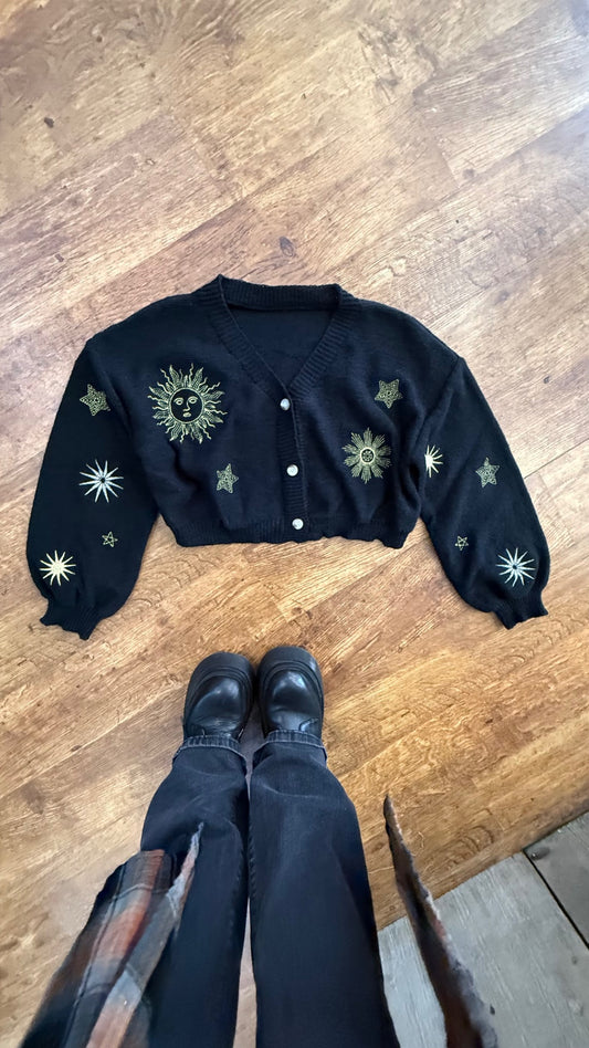 Embroidered celestial black cropped cardigan size medium
