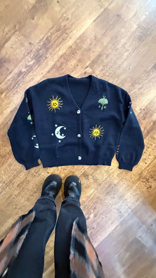 Embroidered lunar moth/celestial cardigan XL