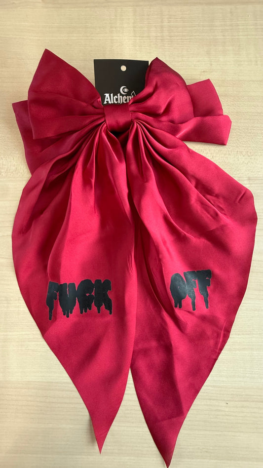Red satin fuck off hair bow