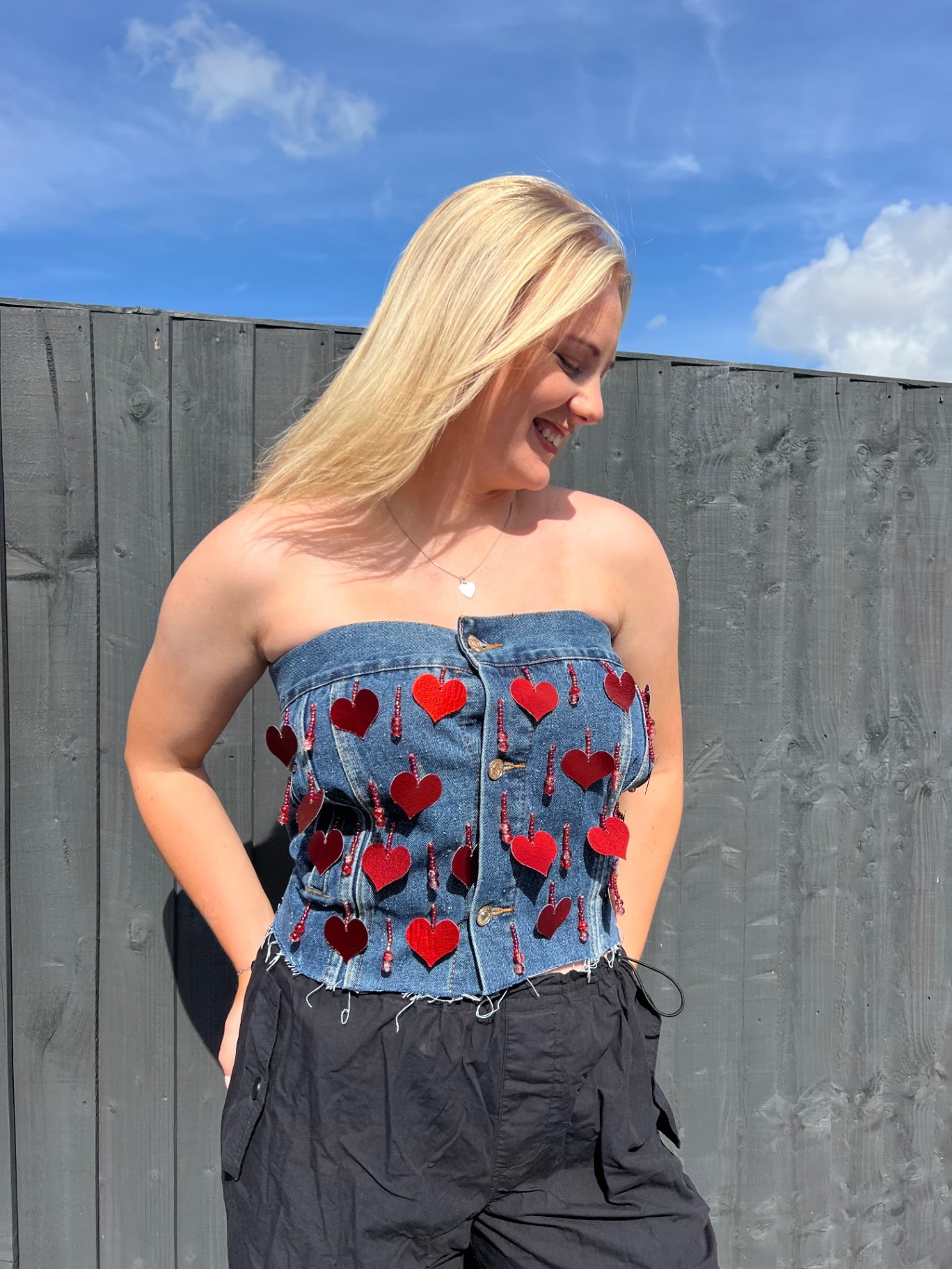 Denim heart beaded corset top 