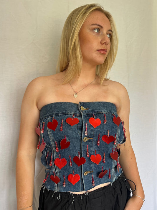 Denim heart beaded corset top 