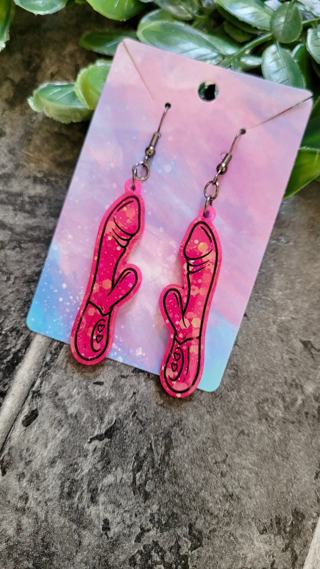 Bold Pink Vibrator Earrings – Chunky Glitter
