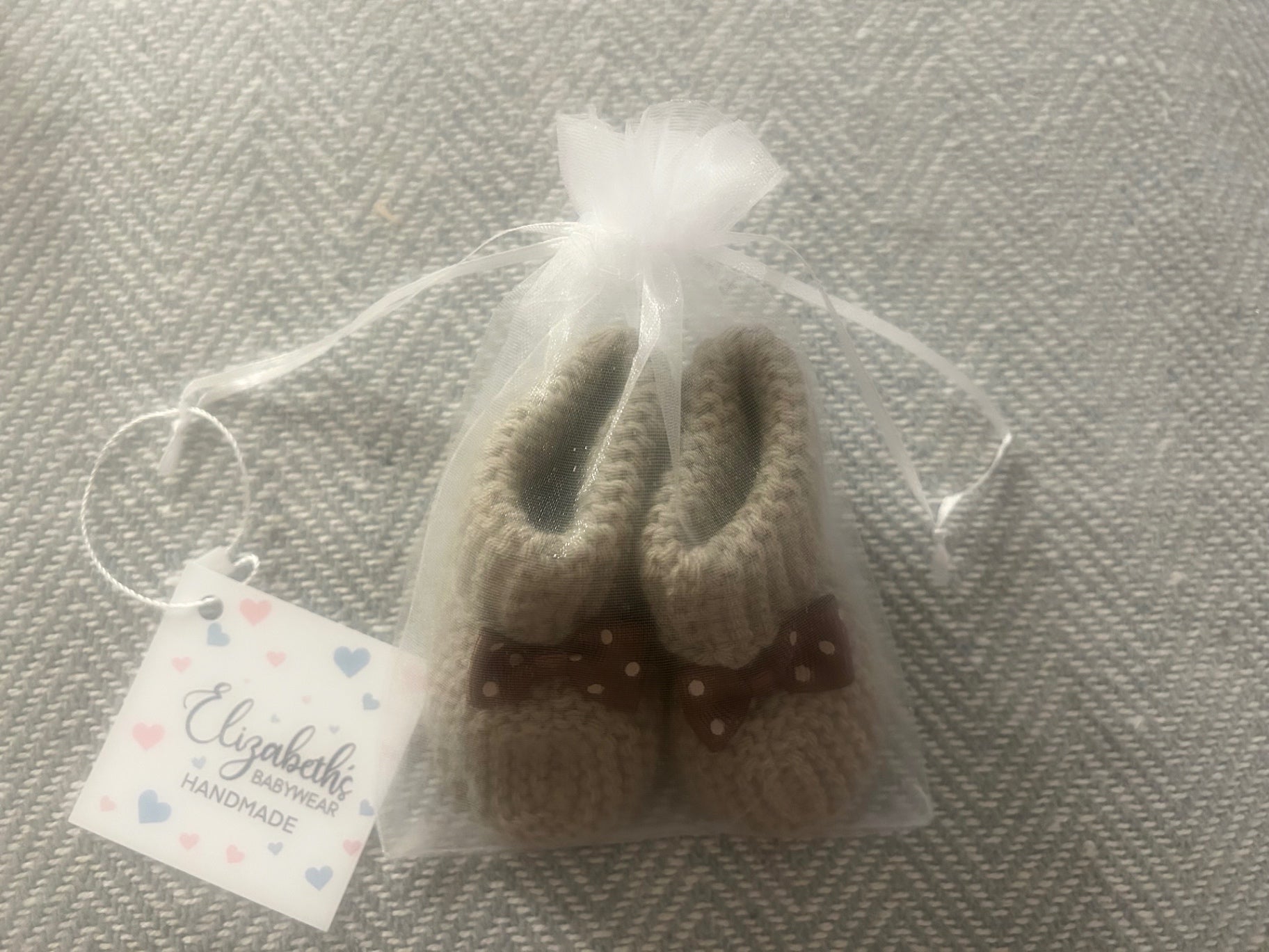 Handmade Booties - Beige with Brown Spotty Bow 