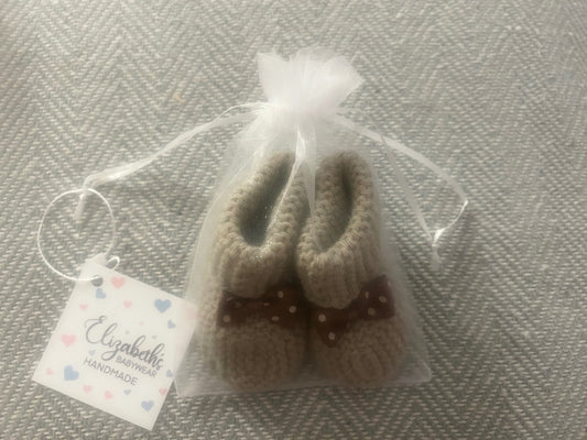 Handmade Booties - Beige with Brown Spotty Bow 