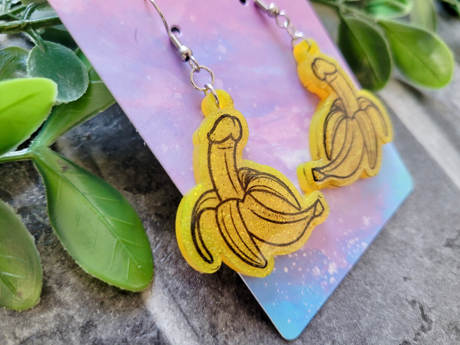 Glitter Banana Penis Earrings – Humorous Resin Jewellery