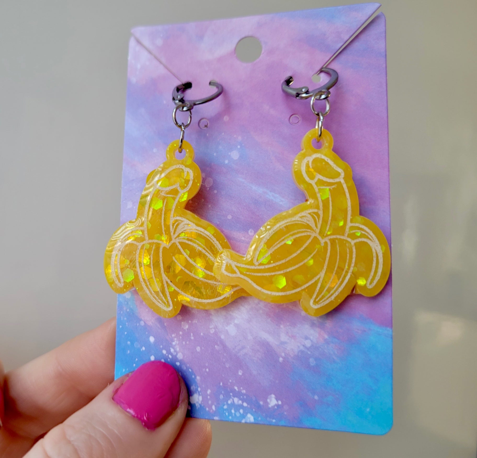 Glitter Banana Penis Earrings – Humorous Resin Jewellery