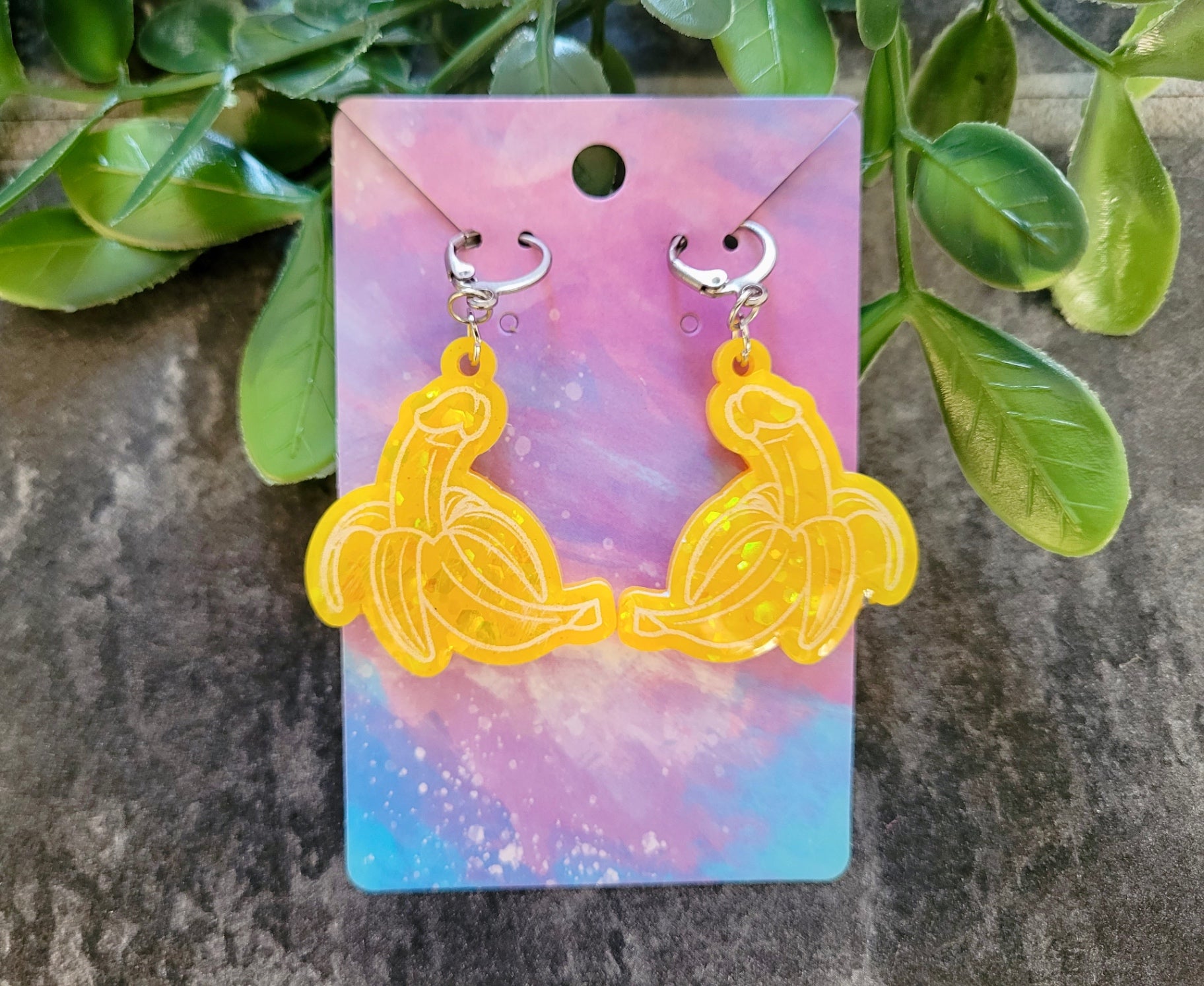 Glitter Banana Penis Earrings – Humorous Resin Jewellery