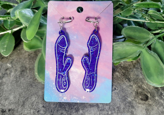 Deep Blue Glitter Rabbit Vibrator Earrings – Resin Statement Dangles with Lever-Back Hoops