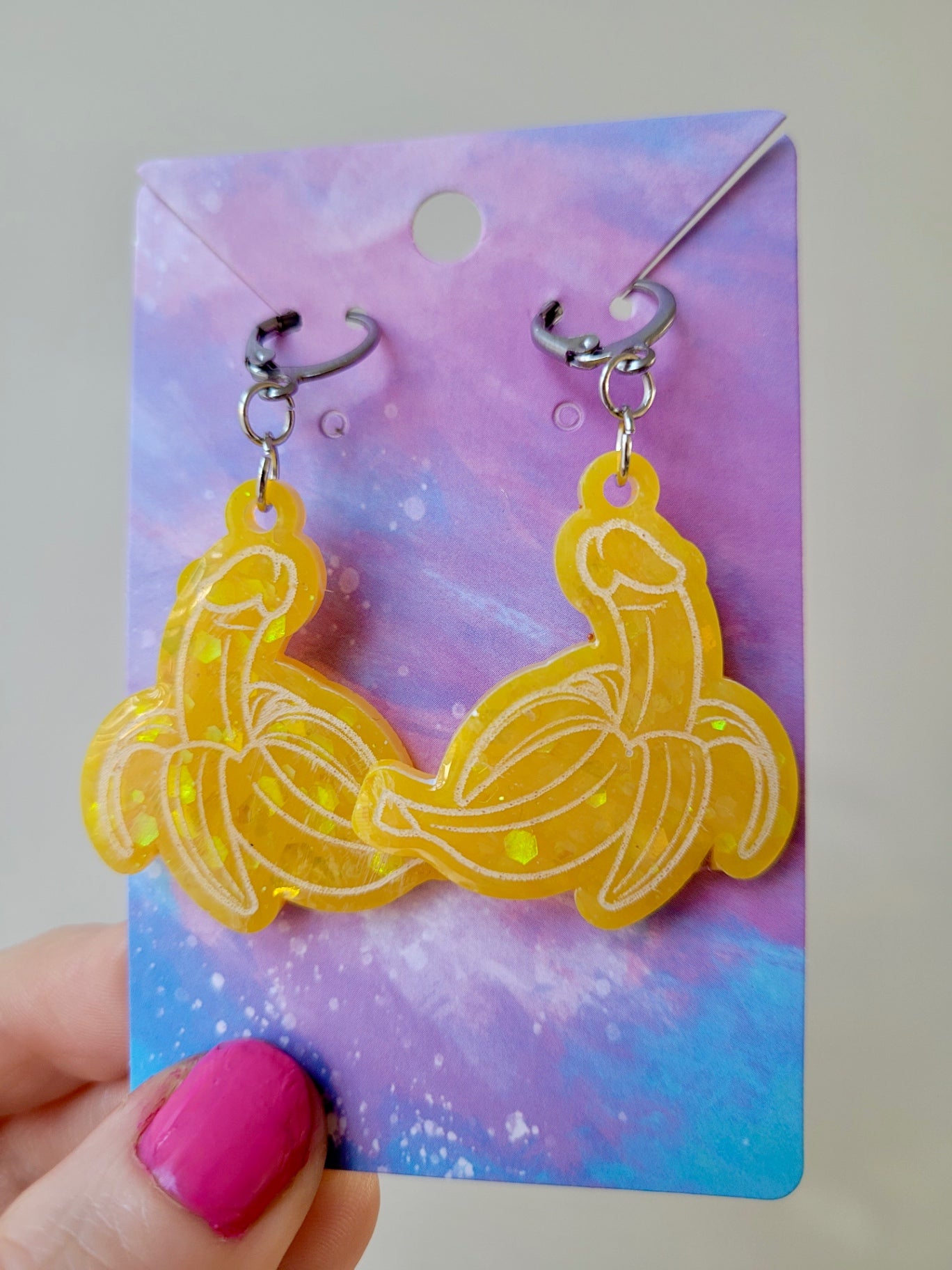 Glitter Banana Penis Earrings – Humorous Resin Jewellery