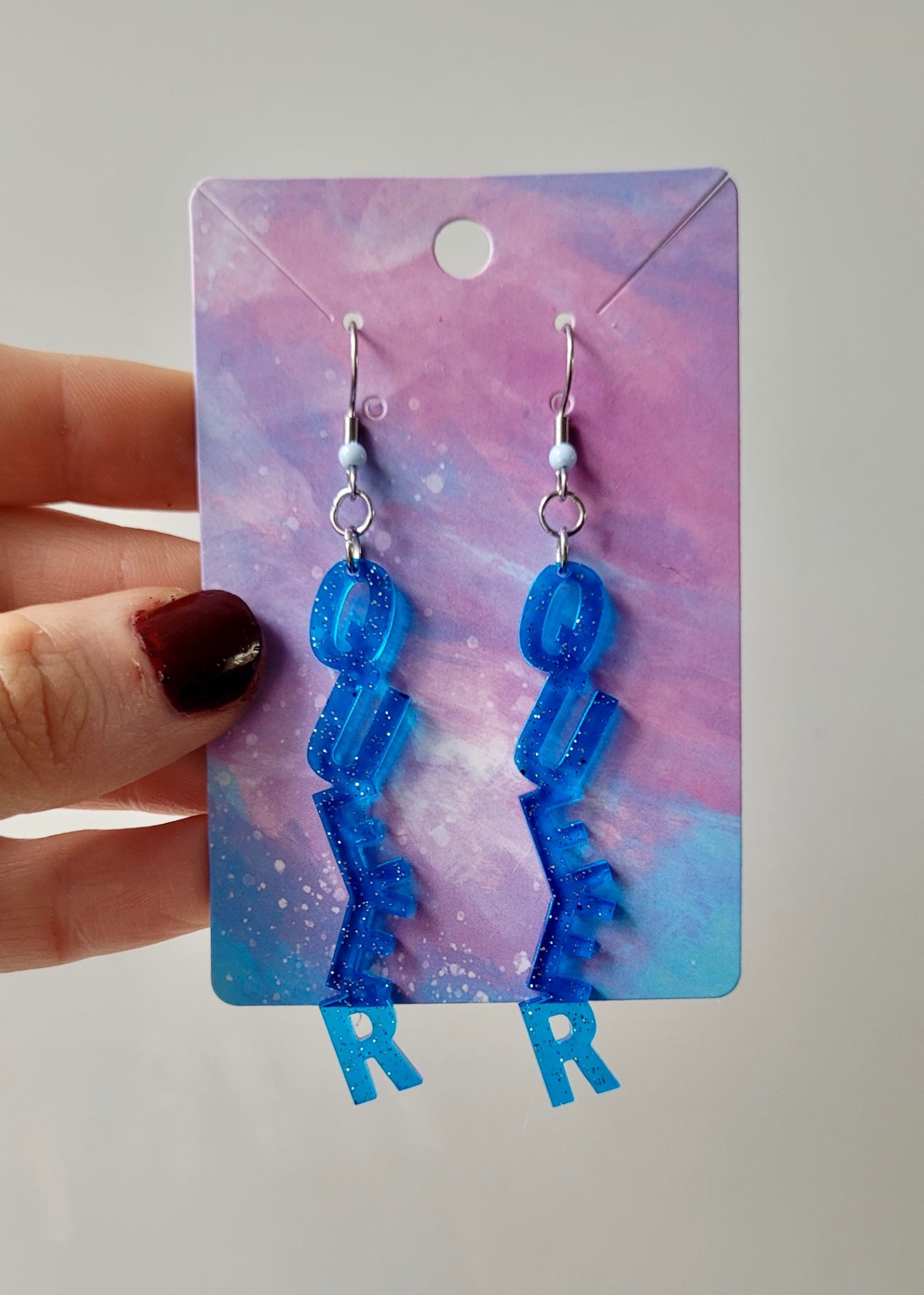Light Blue Glitter “QUEER” Dangle Earrings with Shepherd Hooks – LGBTQ+ Statement