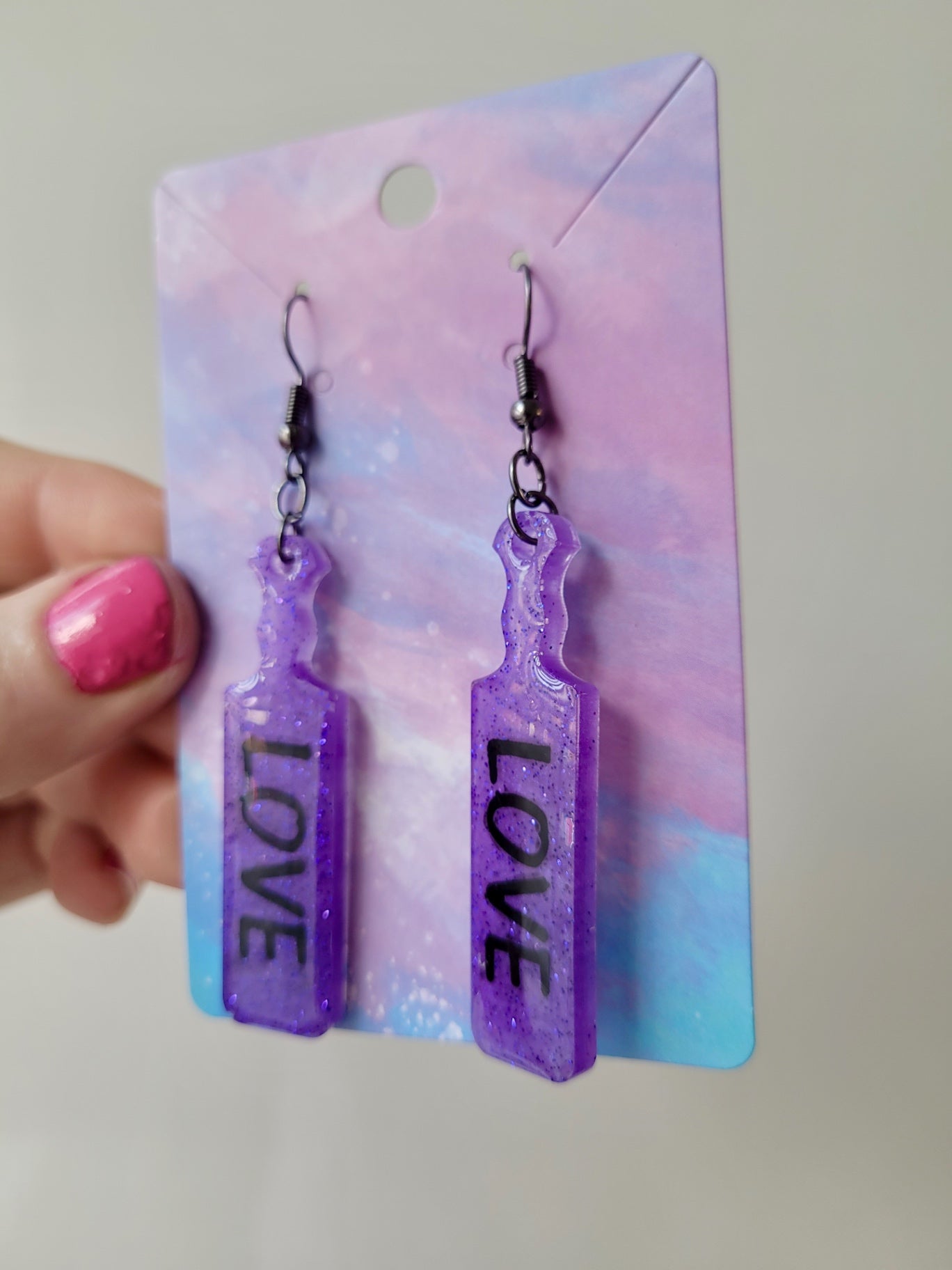Purple Glitter Paddle Earrings – “LOVE” 