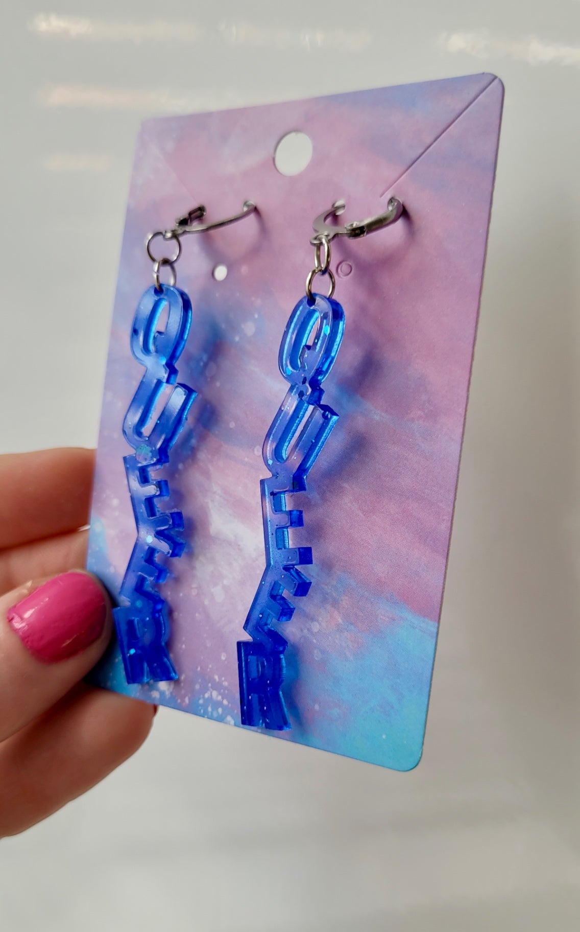 Dark Blue QUEER Dangle Earrings – Handmade Resin LGBTQ+ Pride Statement Jewellery