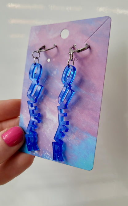 Dark Blue QUEER Dangle Earrings – Handmade Resin LGBTQ+ Pride Statement Jewellery