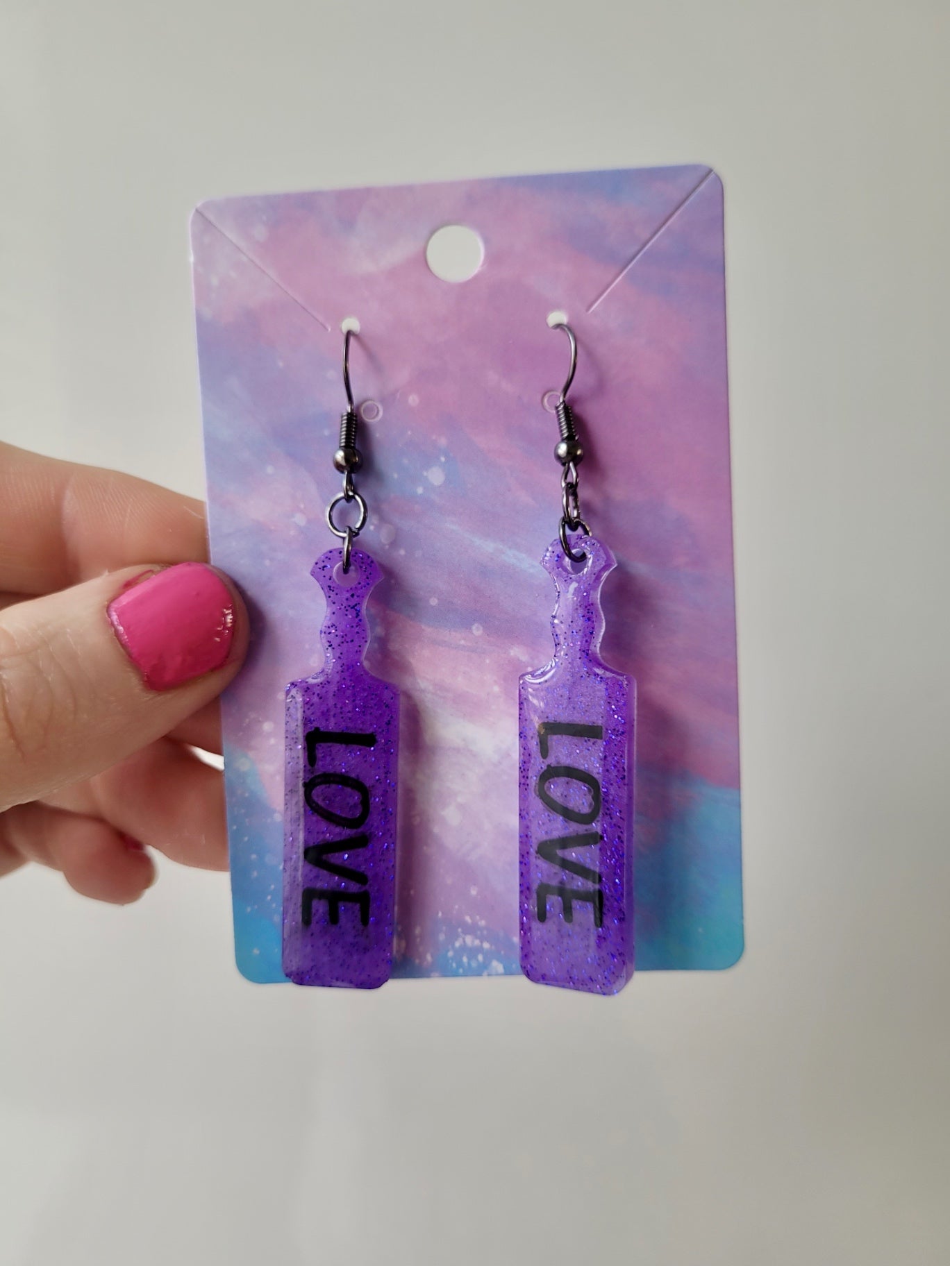Purple Glitter Paddle Earrings – “LOVE” 