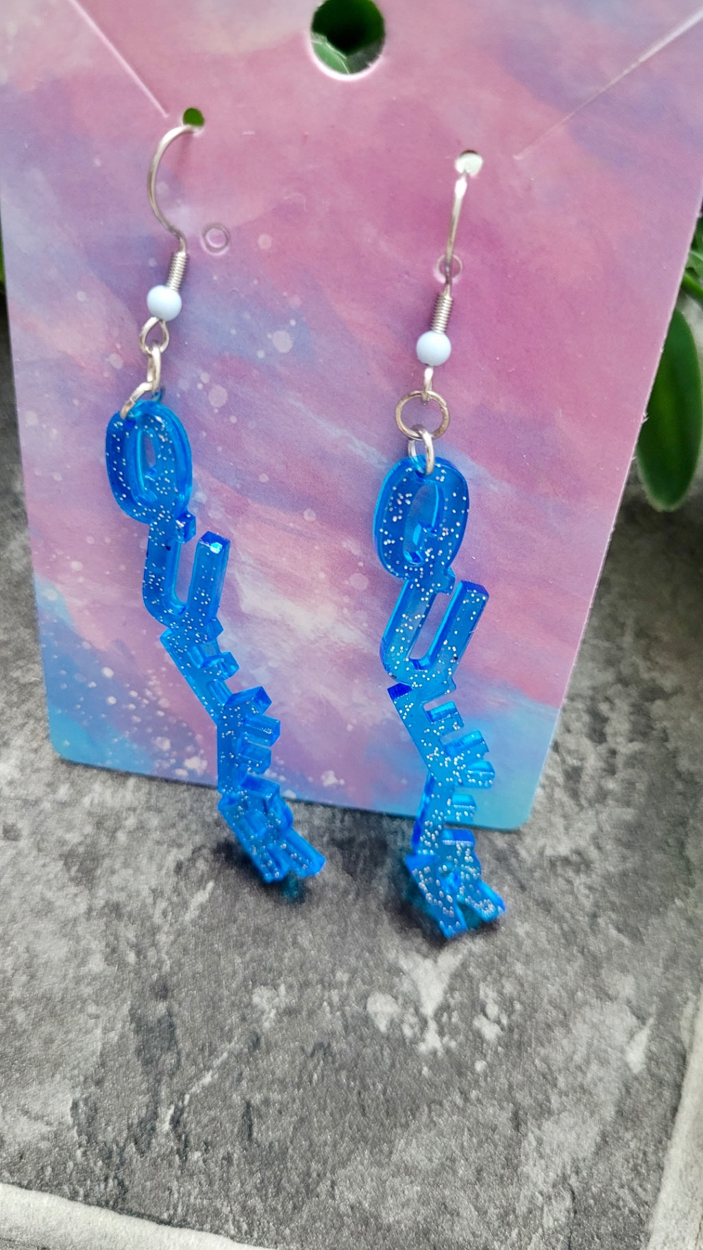 Light Blue Glitter “QUEER” Dangle Earrings with Shepherd Hooks – LGBTQ+ Statement