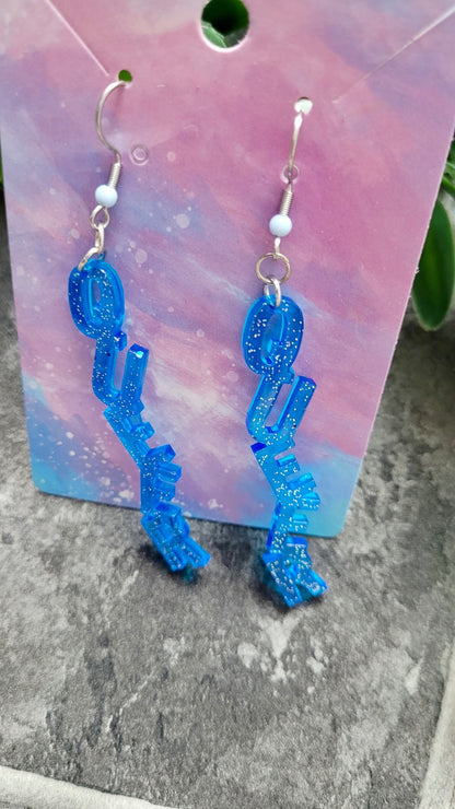 Light Blue Glitter “QUEER” Dangle Earrings with Shepherd Hooks – LGBTQ+ Statement