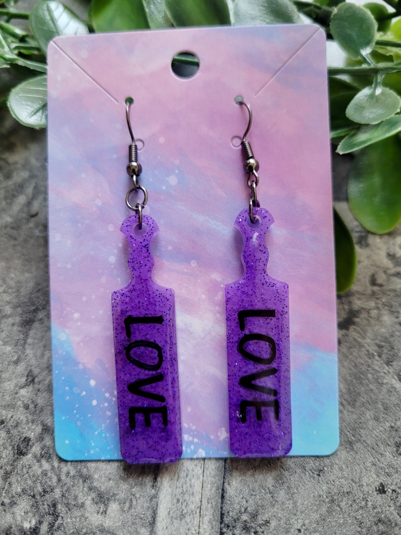 Purple Glitter Paddle Earrings – “LOVE” 