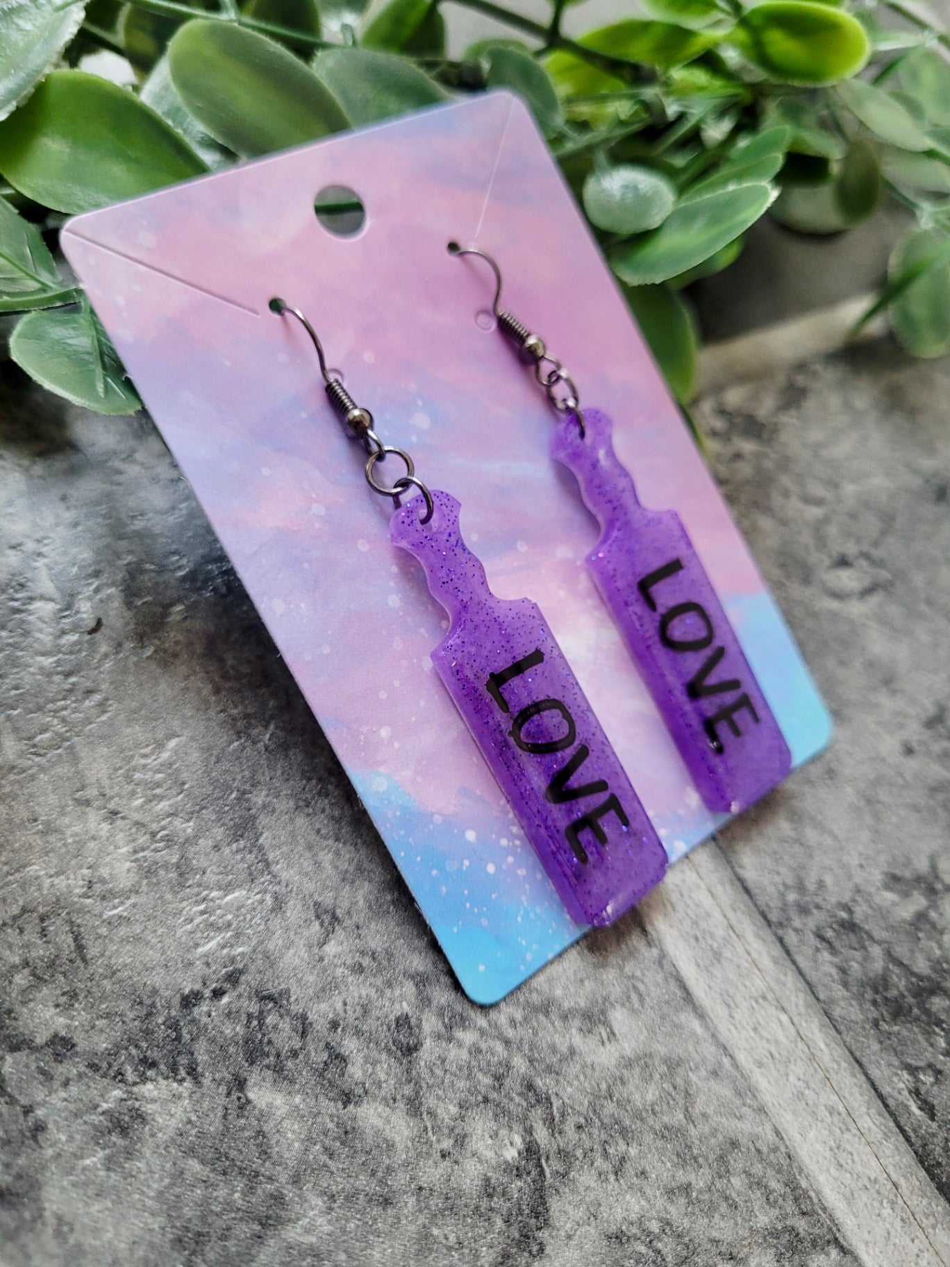 Purple Glitter Paddle Earrings – “LOVE” 