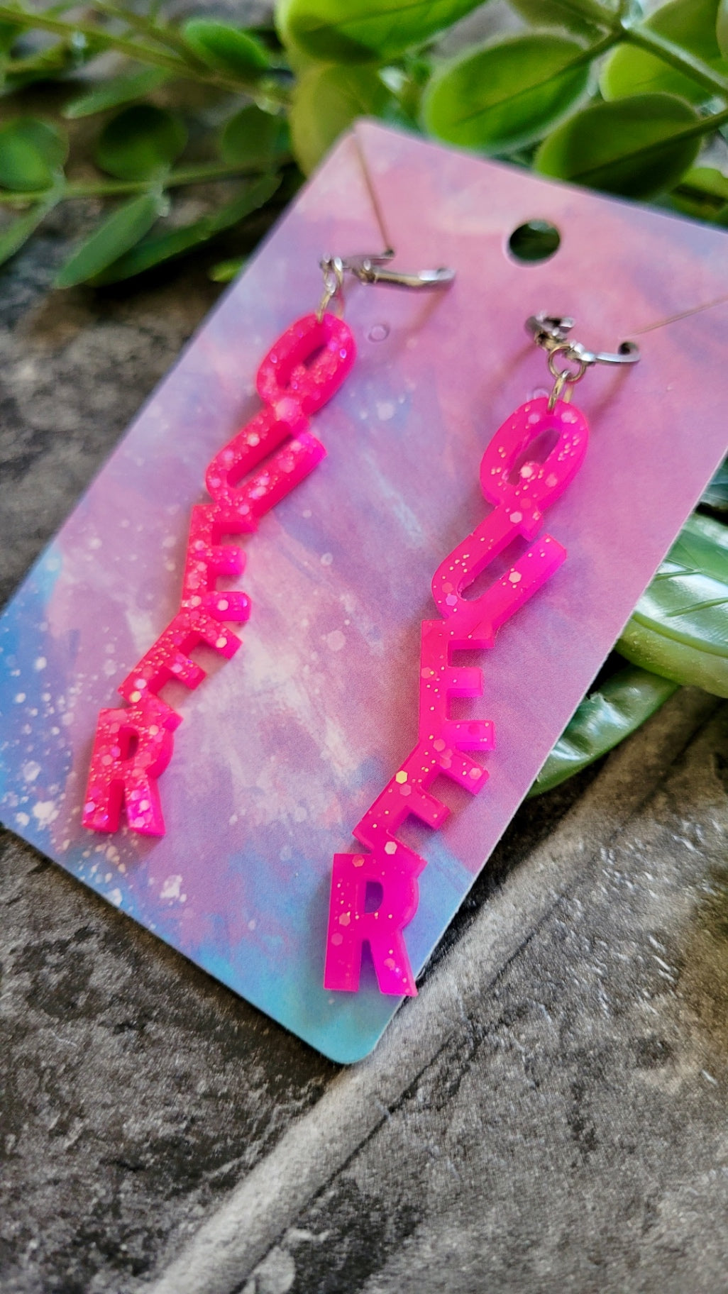 Pink Glitter QUEER Dangle Earrings – Handmade Alt LGBTQ+ Pride Jewellery