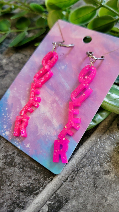 Pink Glitter QUEER Dangle Earrings – Handmade Alt LGBTQ+ Pride Jewellery