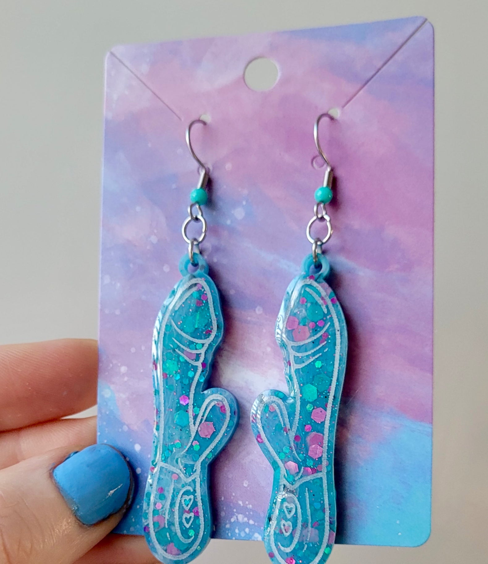 Blue and Purple Glitter Rabbit Vibrator Earrings – Resin Statement Dangles with Stainless Steel Silver Shepherd Hooks