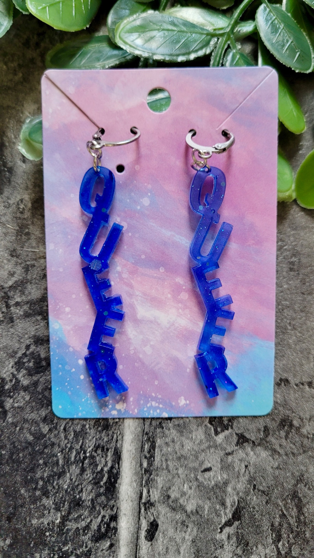 Dark Blue QUEER Dangle Earrings – Handmade Resin LGBTQ+ Pride Statement Jewellery