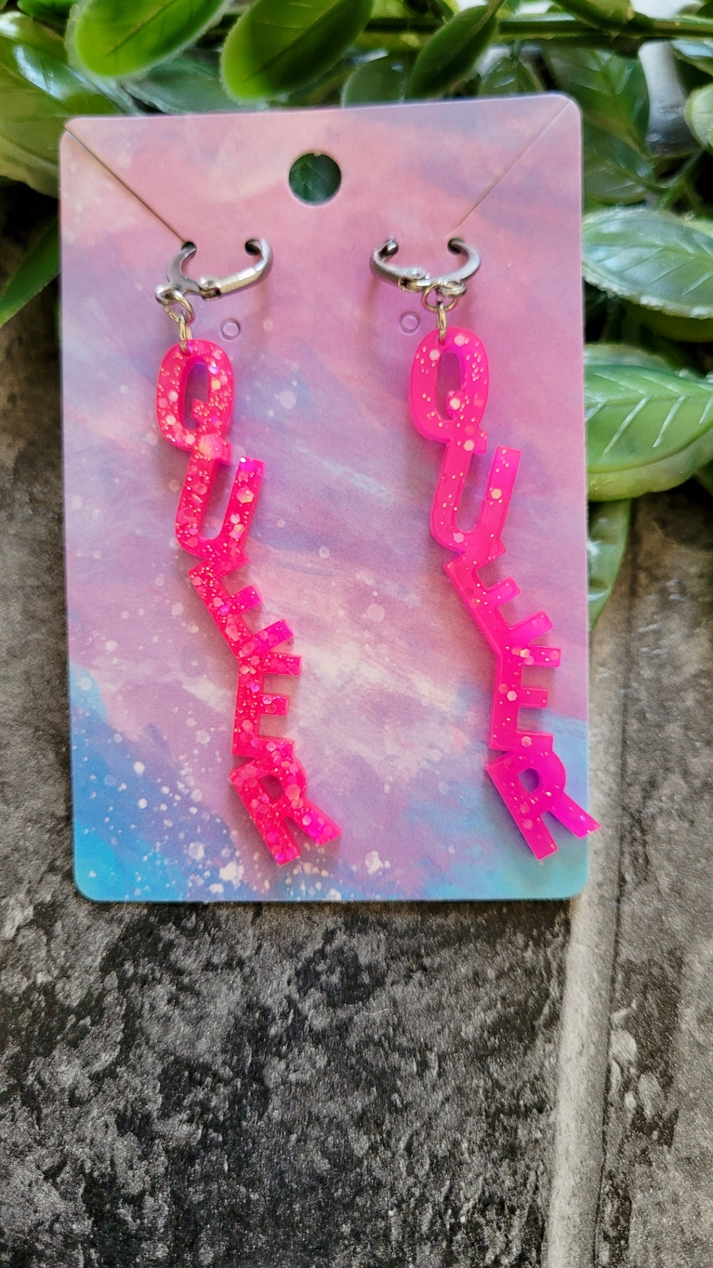 Pink Glitter QUEER Dangle Earrings – Handmade Alt LGBTQ+ Pride Jewellery