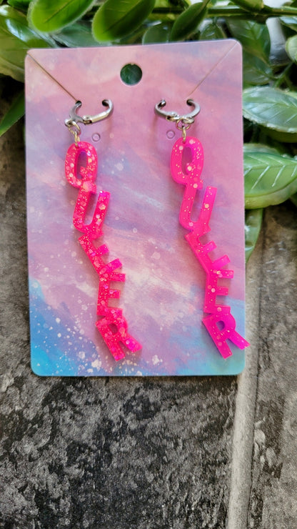 Pink Glitter QUEER Dangle Earrings – Handmade Alt LGBTQ+ Pride Jewellery