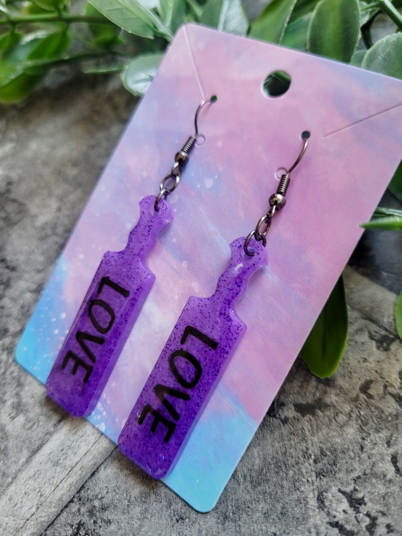 Purple Glitter Paddle Earrings – “LOVE” 
