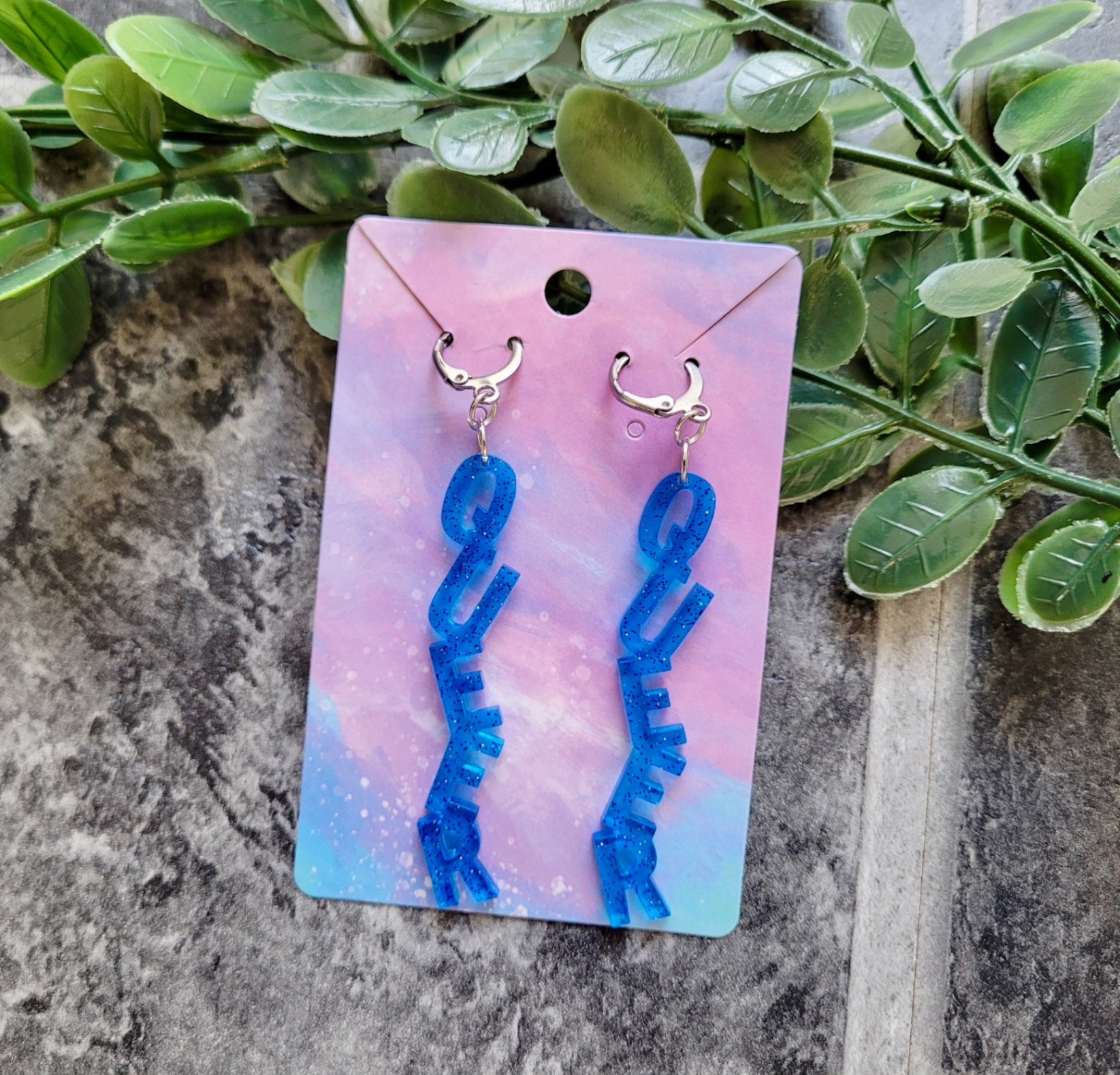 Light Blue Glitter QUEER Dangle Earrings with Leverback Hoops– Handmade Resin LGBTQ+ Pride Statement Jewellery