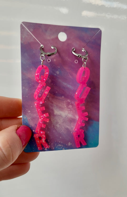 Pink Glitter QUEER Dangle Earrings – Handmade Alt LGBTQ+ Pride Jewellery