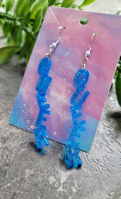 Light Blue Glitter “QUEER” Dangle Earrings with Shepherd Hooks – LGBTQ+ Statement