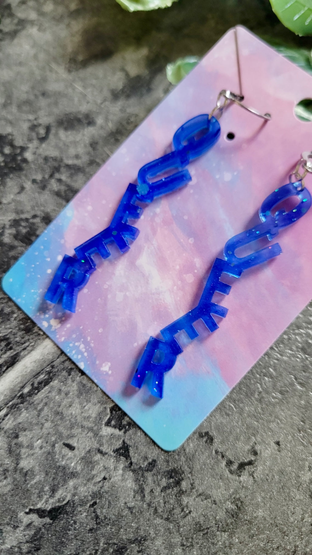 Dark Blue QUEER Dangle Earrings – Handmade Resin LGBTQ+ Pride Statement Jewellery