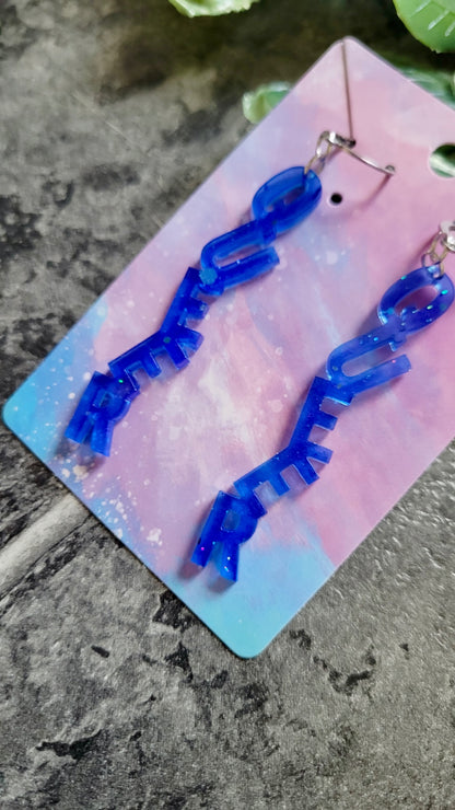 Dark Blue QUEER Dangle Earrings – Handmade Resin LGBTQ+ Pride Statement Jewellery