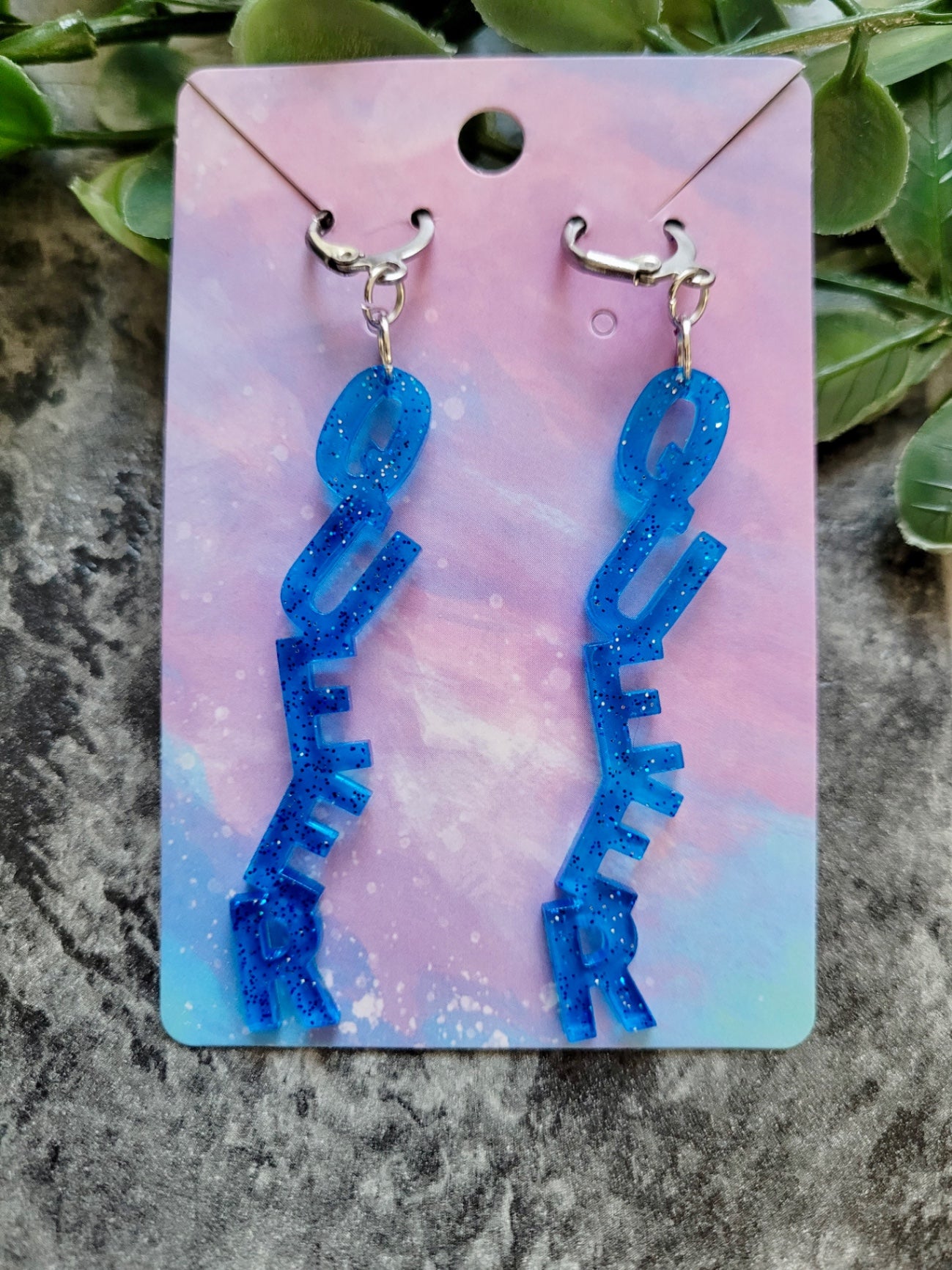 Light Blue Glitter QUEER Dangle Earrings with Leverback Hoops– Handmade Resin LGBTQ+ Pride Statement Jewellery