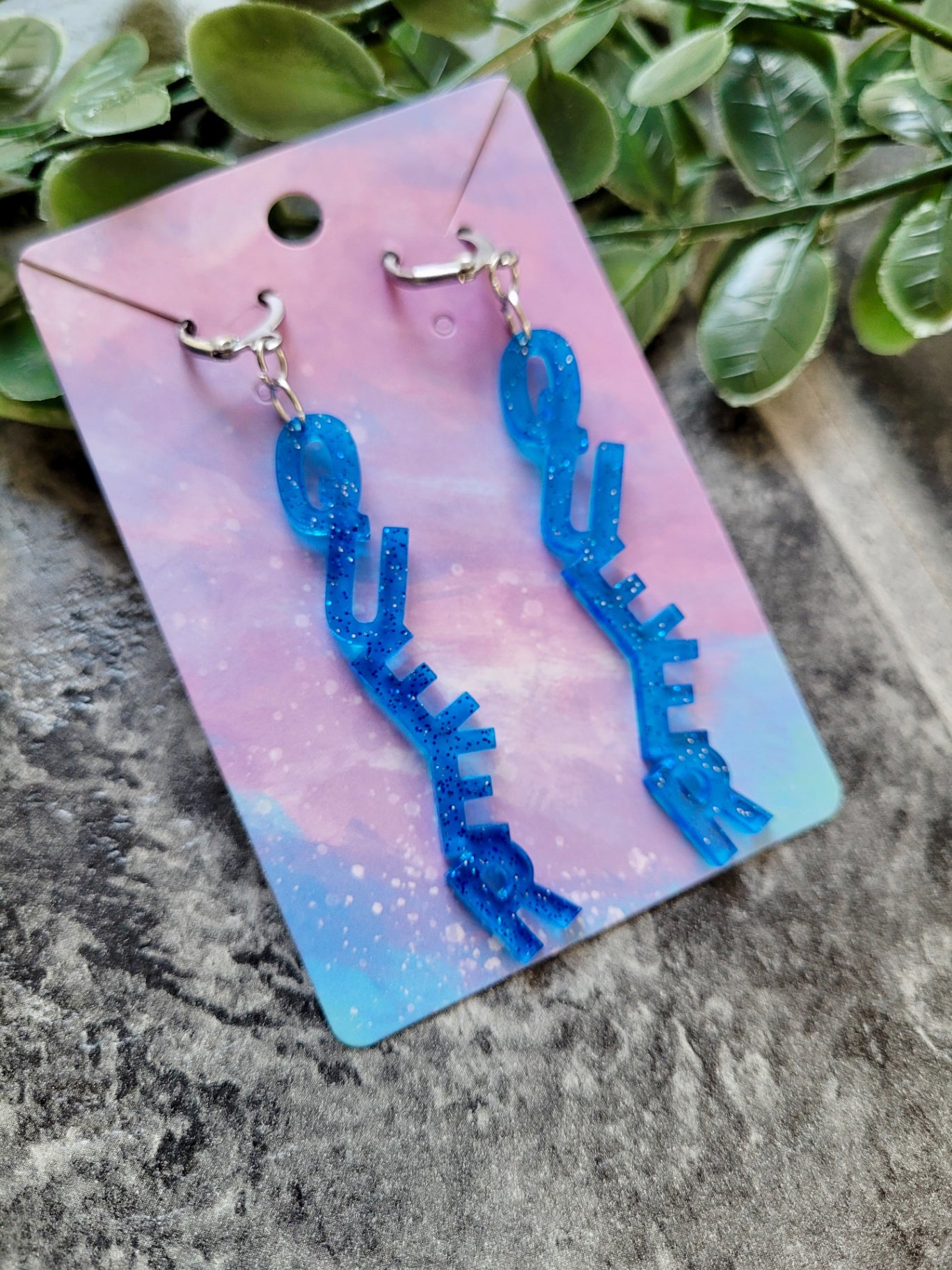 Light Blue Glitter QUEER Dangle Earrings with Leverback Hoops– Handmade Resin LGBTQ+ Pride Statement Jewellery