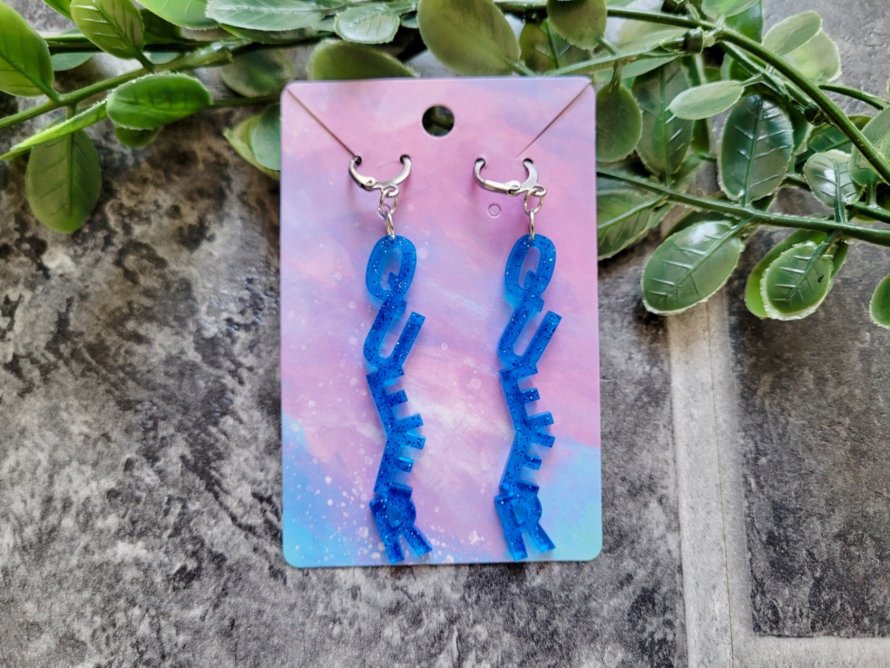 Light Blue Glitter QUEER Dangle Earrings with Leverback Hoops– Handmade Resin LGBTQ+ Pride Statement Jewellery