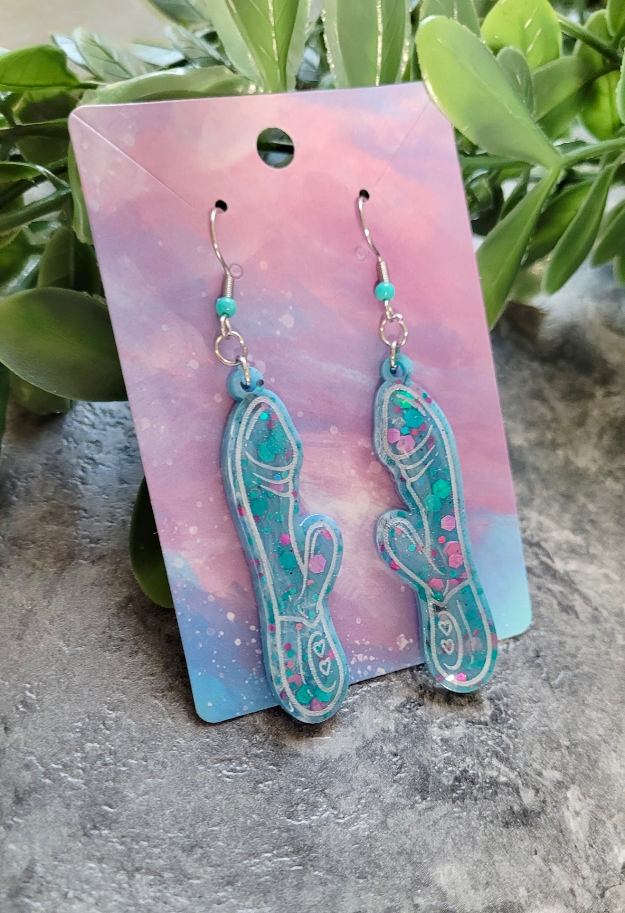 Blue and Purple Glitter Rabbit Vibrator Earrings – Resin Statement Dangles with Stainless Steel Silver Shepherd Hooks