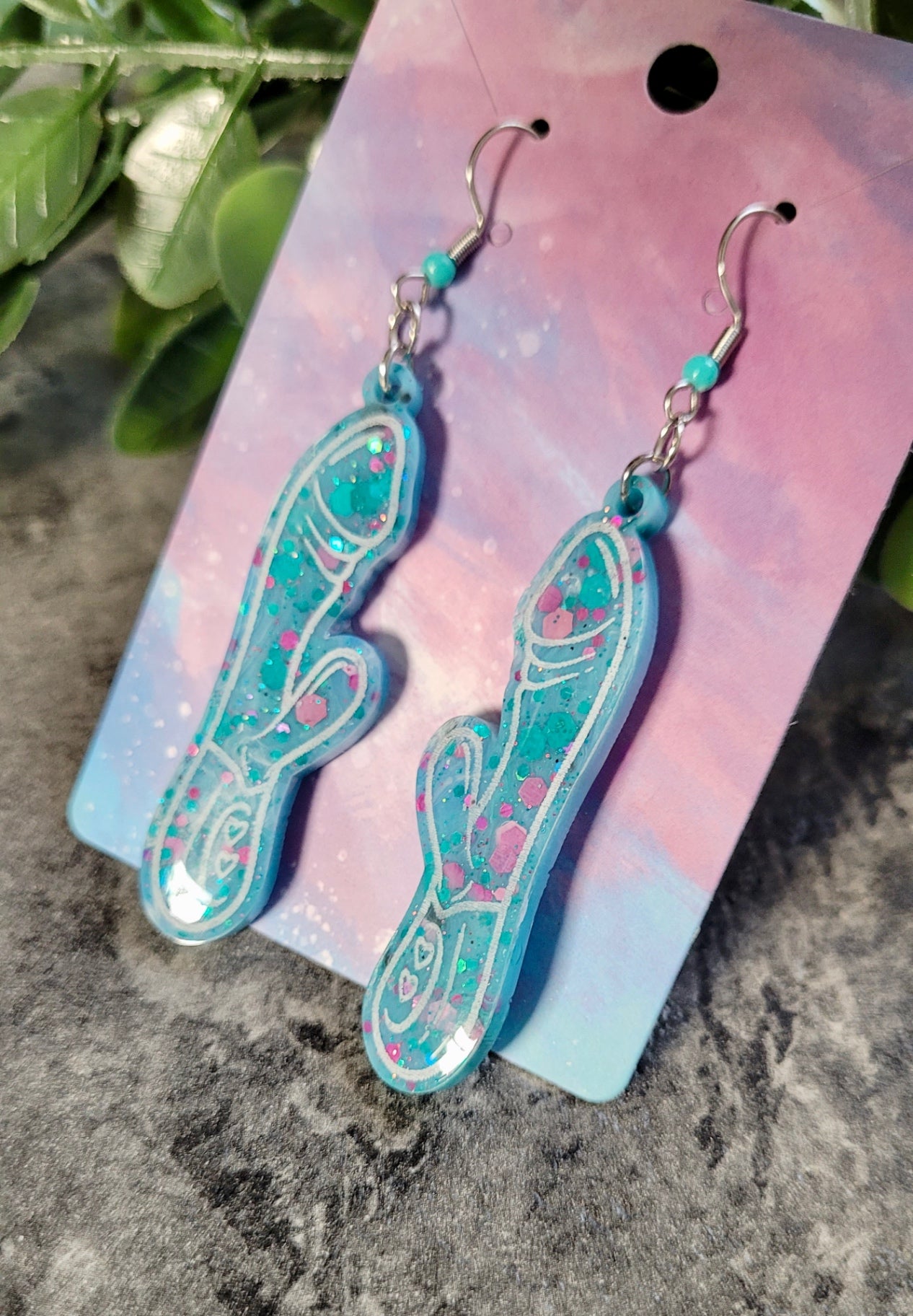 Blue and Purple Glitter Rabbit Vibrator Earrings – Resin Statement Dangles with Stainless Steel Silver Shepherd Hooks