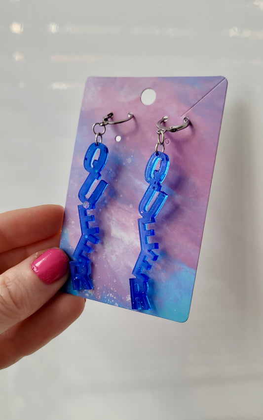 Dark Blue QUEER Dangle Earrings – Handmade Resin LGBTQ+ Pride Statement Jewellery